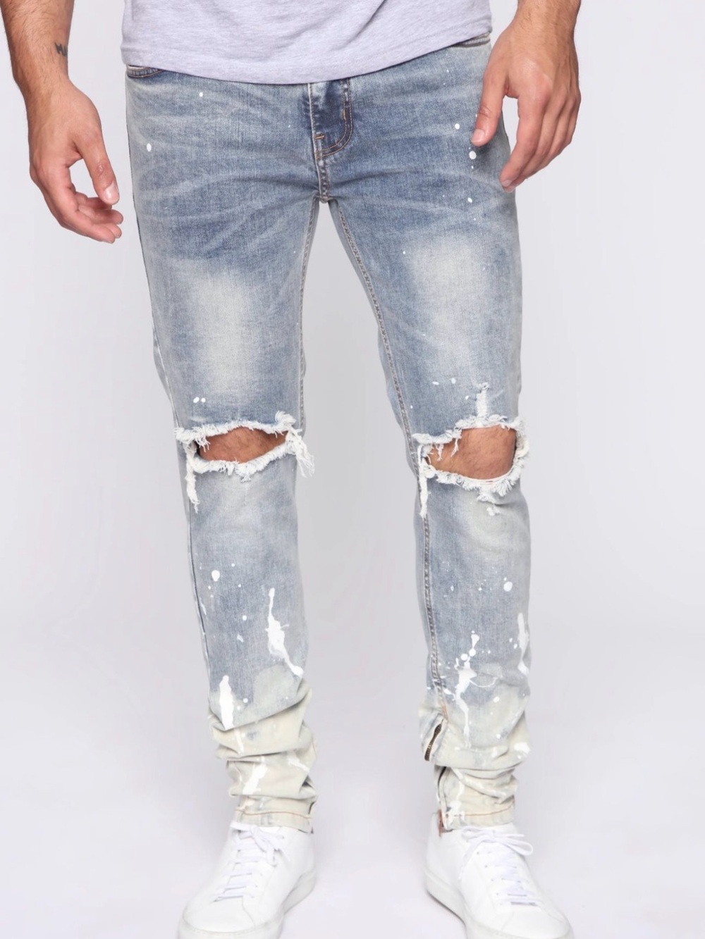 Fashion Nova Men's Skinny Ripped Paint-Splatter Jeans - Light Blue